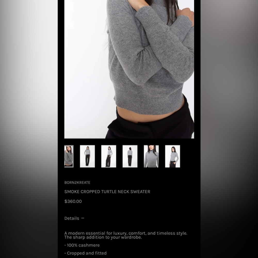 Born2Kreate 100% Cashmere Cropped Fitted Turtleneck Sweater in Smoke, NWT, Sz XS - Picture 3 of 8